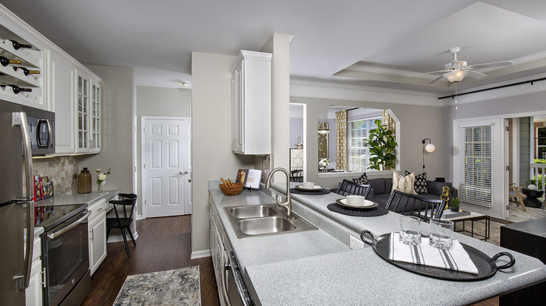 Gourmet Kitchen with White Cabinetry and Slate Appliances