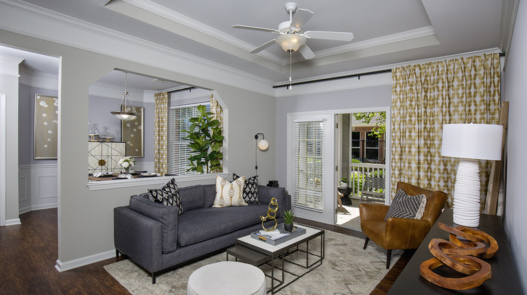 Living Room with 9-ft Ceiling and Tray Accent